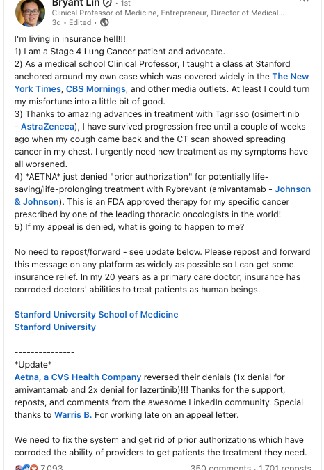 Stanford professor denied treatment for stage 4 cancer, partially re-approved following viral post