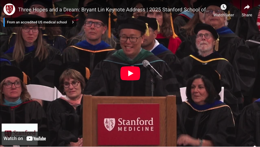Bryant Lin spreads sunshine to medical school graduates, emphasizing curiosity, creativity, kindness 